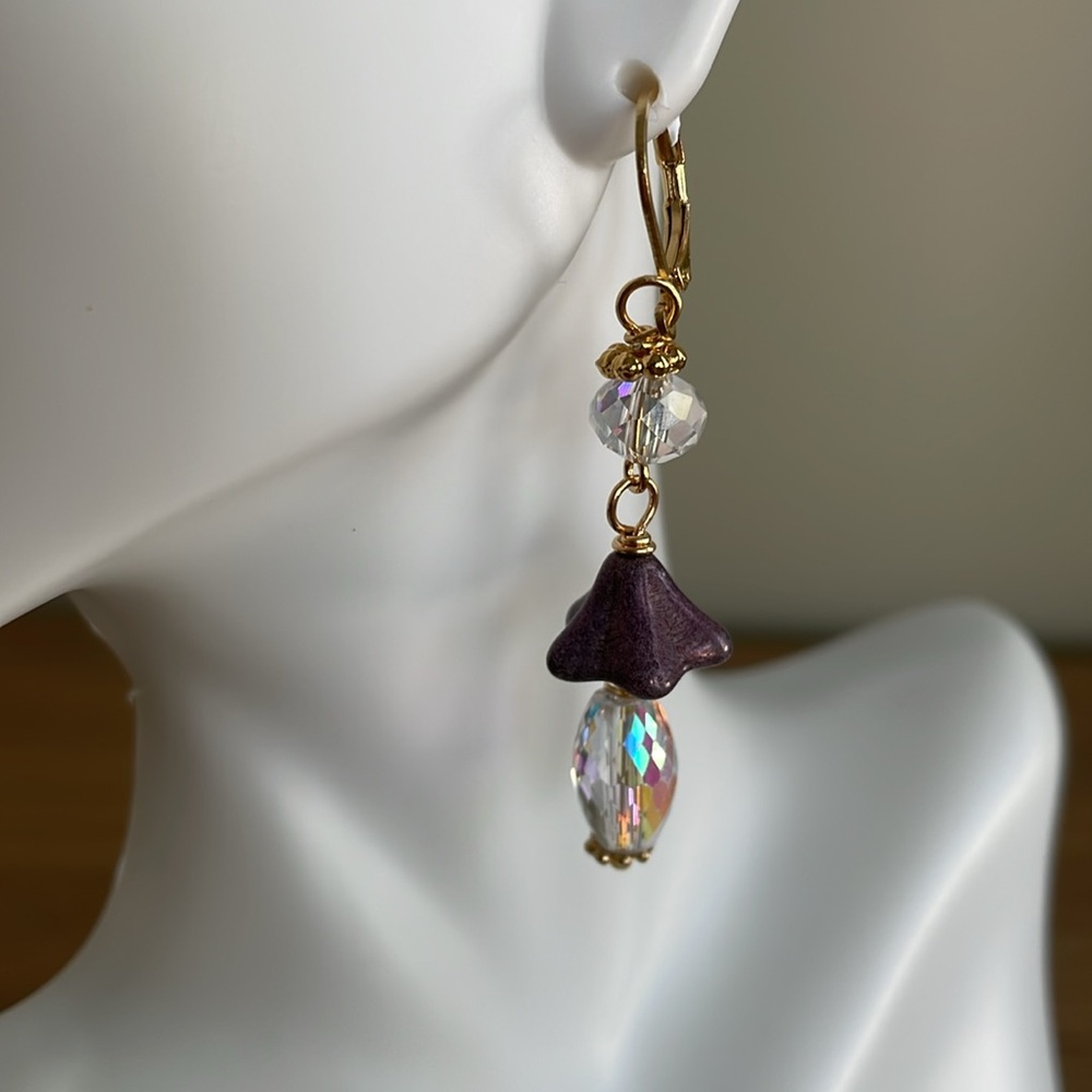 HAND CRAFTED PIERCED EARRINGS Dangling AB Crystals Purple Czech Beads